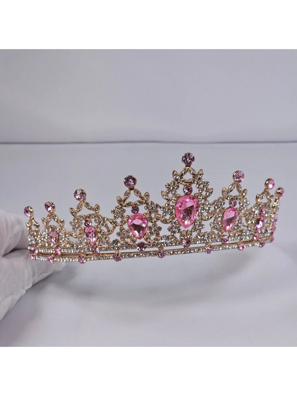 Pink Crystal Gold Tiara Rhinestone Princess Crown Pageant Wedding Headpiece EUC